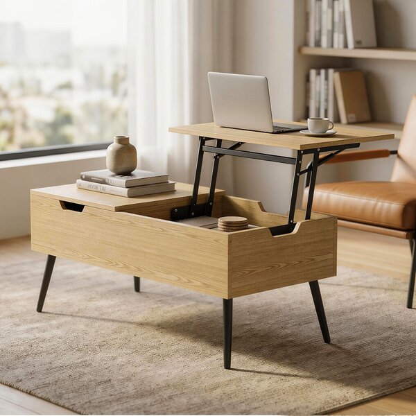 HOMCOM Tavolino sollevabile doppio piano con vano nascosto e piedi metallo, Legno naturale | Aosom Italy