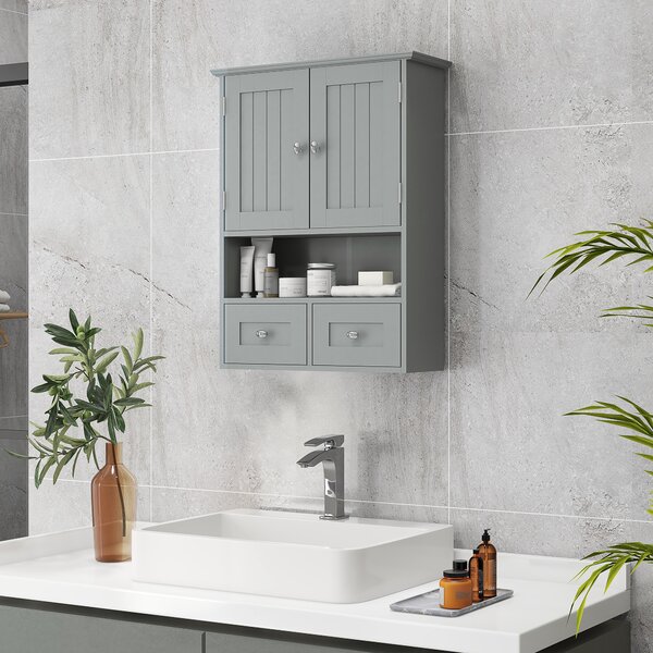 Kleankin Mobile bagno da parete con ante, mensola e 2 cassetti, 50,8x17,8x66 cm, Grigio | Aosom Italy