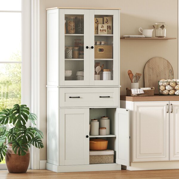 HOMCOM Mobile cucina con 2 ante acrilico, cassetto e ripiani regolabili, 76x40x182,5 cm, Crema | Aosom Italy