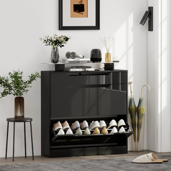 HOMCOM Scarpiera con 2 ante ribaltabili, cassetto e ripiano, 89x23x96 cm, Nero | Aosom Italy