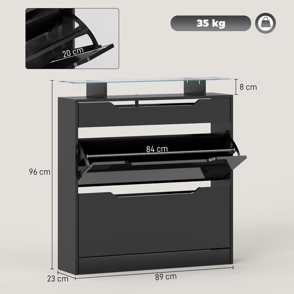 HOMCOM Scarpiera con 2 ante ribaltabili, cassetto e ripiano, 89x23x96 cm, Nero | Aosom Italy