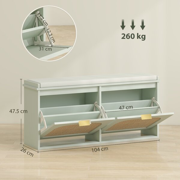 HOMCOM Panca portascarpe con seduta imbottita e anta in rattan, 104x26x47,5 cm, Verde | Aosom Italy