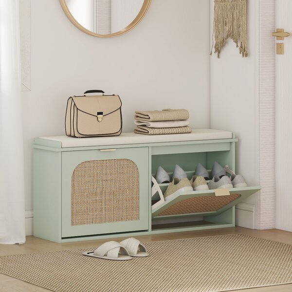 HOMCOM Panca portascarpe con seduta imbottita e anta in rattan, 104x26x47,5 cm, Verde | Aosom Italy