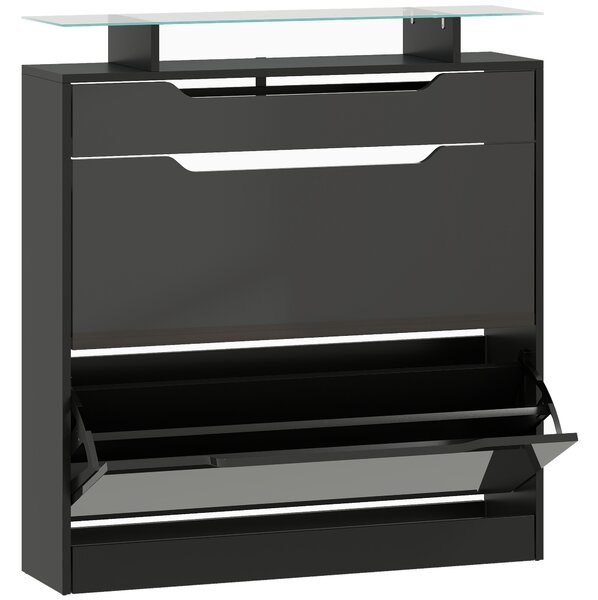 HOMCOM Scarpiera con 2 ante ribaltabili, cassetto e ripiano, 89x23x96 cm, Nero | Aosom Italy