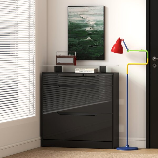 HOMCOM Scarpiera con 2 ante ribaltabili, cassetto e ripiano, 89x23x96 cm, Nero | Aosom Italy