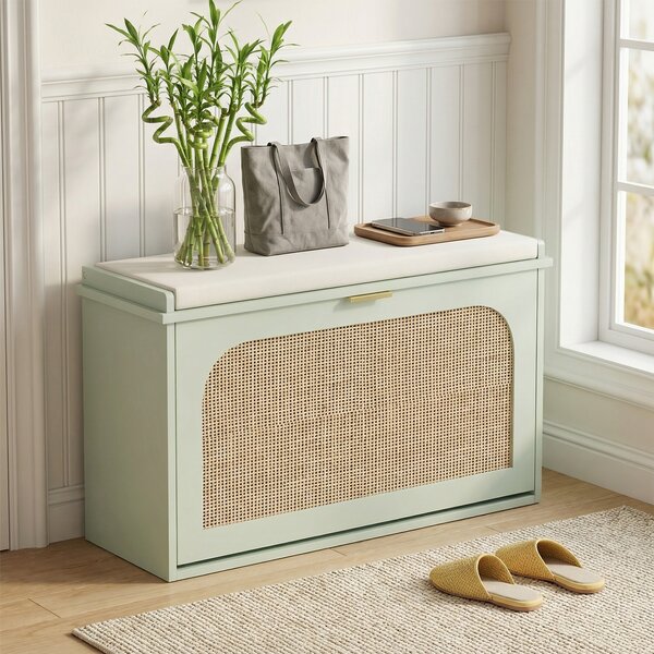 HOMCOM Panca portascarpe con seduta imbottita e porta in rattan, 80x26x47,5 cm, Verde | Aosom Italy