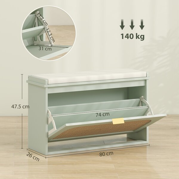 HOMCOM Panca portascarpe con seduta imbottita e porta in rattan, 80x26x47,5 cm, Verde | Aosom Italy
