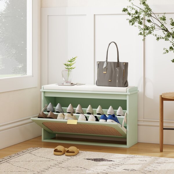 HOMCOM Panca portascarpe con seduta imbottita e porta in rattan, 80x26x47,5 cm, Verde | Aosom Italy