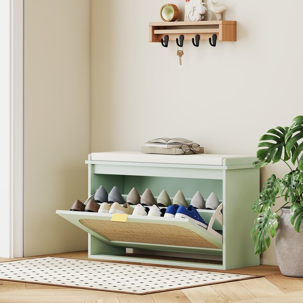 HOMCOM Panca portascarpe con seduta imbottita e porta in rattan, 80x26x47,5 cm, Verde | Aosom Italy