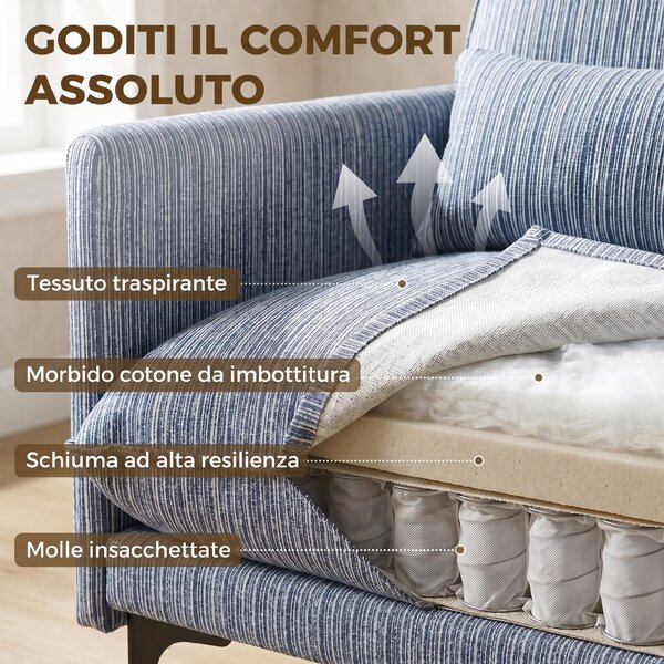 HOMCOM Poltrona Salotto Imbottita in Tessuto Effetto Lino con Braccioli, Cuscino Lombare e Seduta Ampia, Blu | Aosom Italy