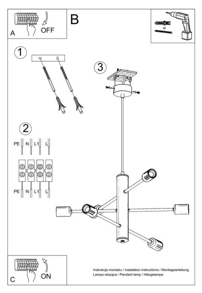 Lampadario a sospensione con filo DUOMO 6 6xE27/60W/230V nero