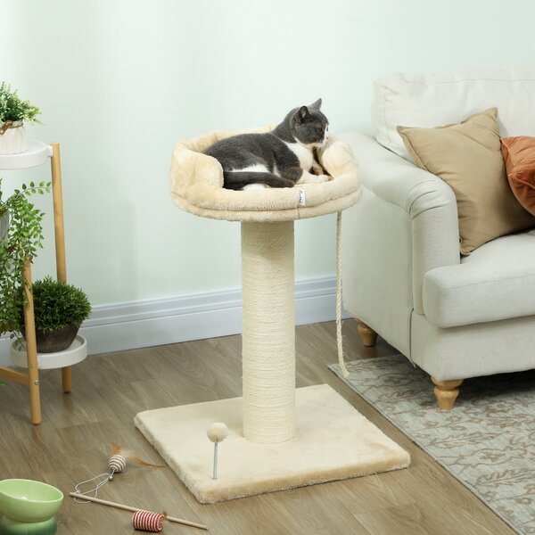 PawHut Albero Tiragraffi per Gatti con Lettino e Pallina in Peluche e Palo in Sisal 55x55x83cm Beige|Aosom