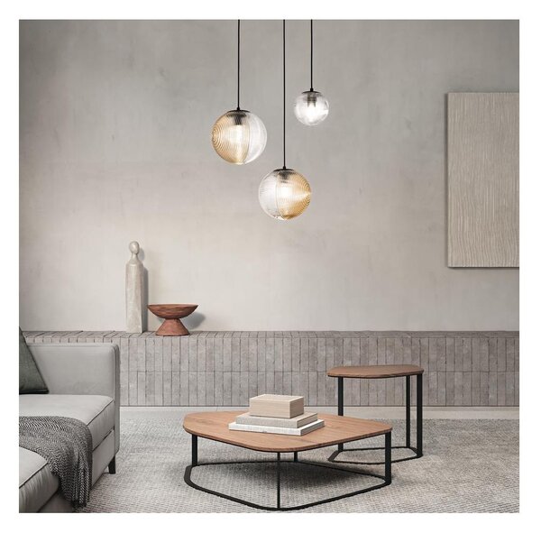 BELLA SOSPENSIONE CON BASE ORO E CON 3 SFERE IN VETRO SOFFIATO RIGATO BICOLORE LAMPADINE E27