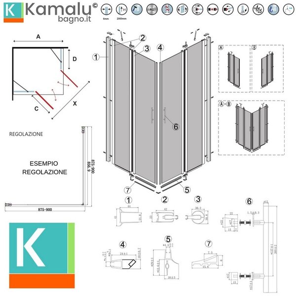 Kamalu cabina doccia angolare 70x70 a doppio battente | kpx1000