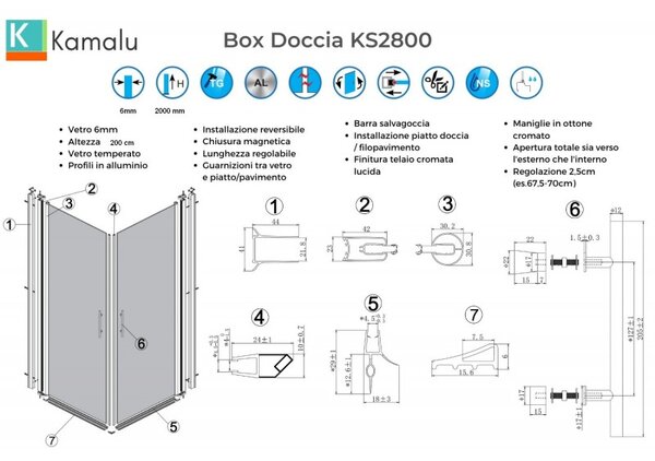 Kamalu box doccia angolare 90x90 due ante battenti finitura cromo | ks2800