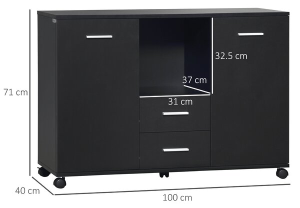Vinsetto Mobile Ufficio Multifunzionale con 4 Ruote Pratico Armadietto con 2 Ante e 2 Cassetti per Stampante Scanner Fax 100x40x71cm Nero|Aosom