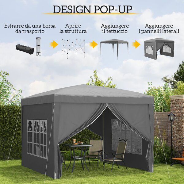 Outsunny Gazebo da Esterno 3x3 m Pieghevole con 4 Pannelli Laterali, in Acciaio e Tessuto Oxford Grigio