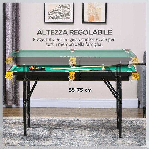 SPORTNOW Tavolo da Biliardo ad Altezza Regolabile con Accessori, in MDF e Acciaio, 140x60x55-75 cm, Verde|Aosom