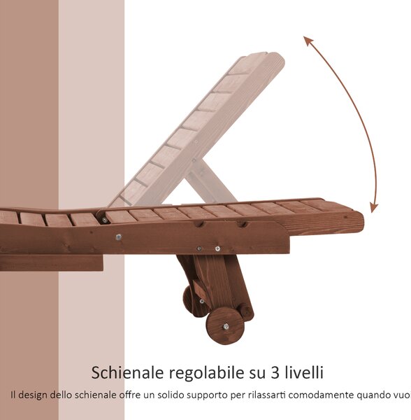 Outsunny Lettino da Giardino in Legno Reclinabile su 3 Livelli con Vassoio Estraibile, Lettino Prendisole con Ruote, 182x60x35cm | Aosom Italy