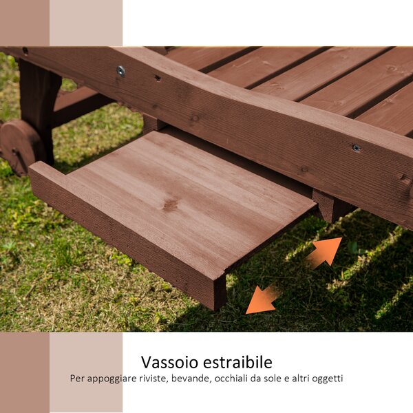 Outsunny Lettino da Giardino in Legno Reclinabile su 3 Livelli con Vassoio Estraibile, Lettino Prendisole con Ruote, 182x60x35cm | Aosom Italy