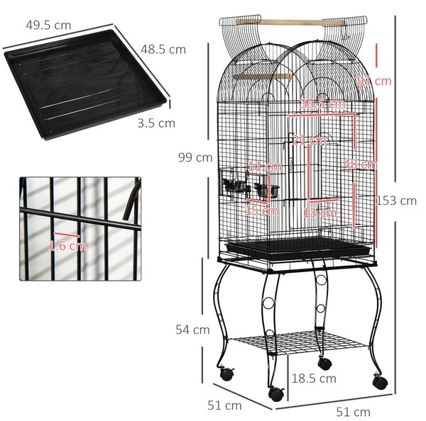 PawHut Gabbia per Uccelli e Canarini, Voliera con Ruote in Metallo Nero 51x51x153cm|Aosom