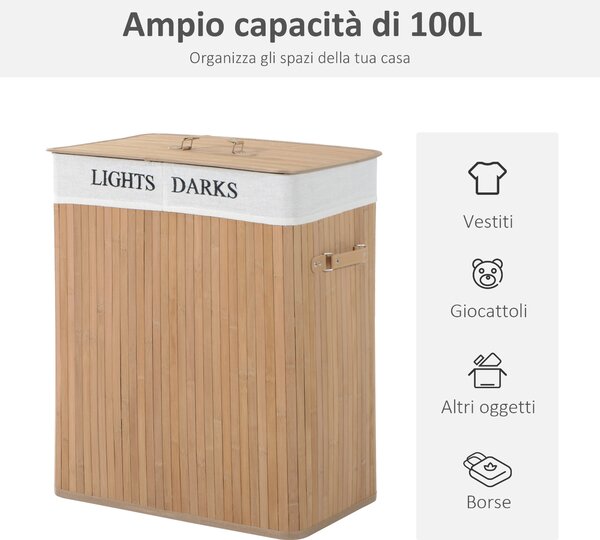 HOMCOM Cesta Portabiancheria in Bambù con Coperchio e Fodera Rimovibile, 52 x 32 x 63cm