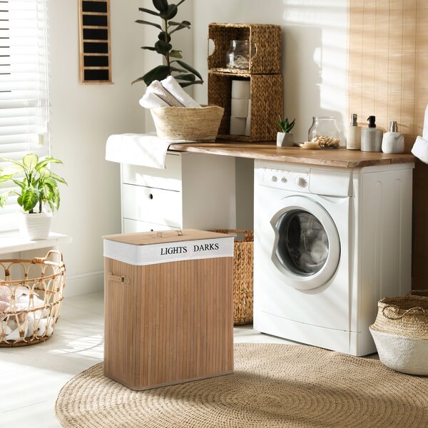 HOMCOM Cesta Portabiancheria in Bambù con Coperchio e Fodera Rimovibile, 52 x 32 x 63cm