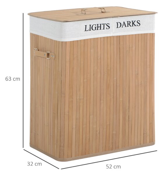 HOMCOM Cesta Portabiancheria in Bambù con Coperchio e Fodera Rimovibile, 52 x 32 x 63cm