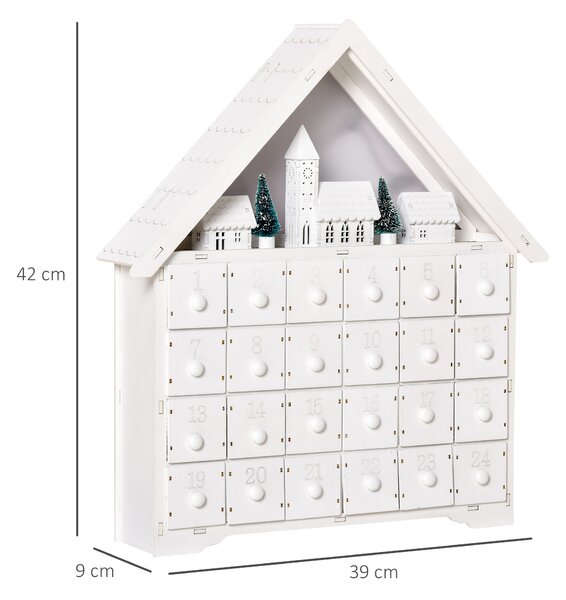 HOMCOM Calendario dell'Avvento di Natale in Legno con 24 Cassetti da Riempire, Decorazione con Villaggio, Alberi e Luci, 39x9x42cm | Aosom Italy