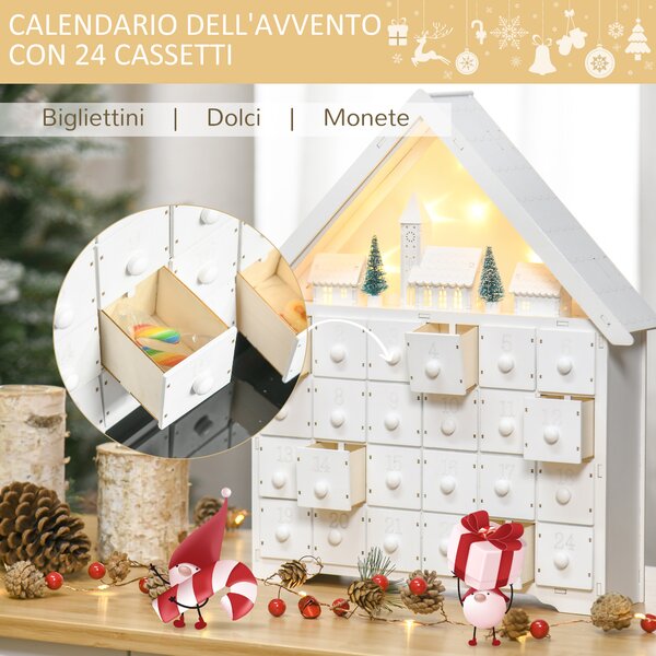 HOMCOM Calendario dell'Avvento di Natale in Legno con 24 Cassetti da Riempire, Decorazione con Villaggio, Alberi e Luci, 39x9x42cm | Aosom Italy