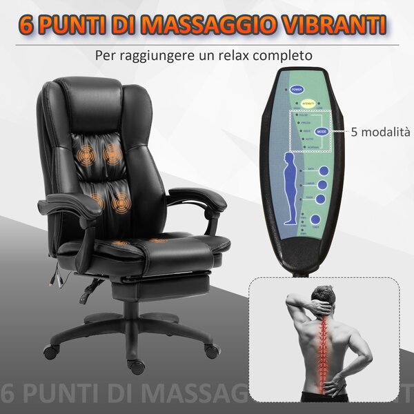 Vinsetto Poltrona da Ufficio con 6 Punti Massaggianti e Poggiapiedi, Altezza Regolabile, Sedia in Finta Pelle, 68.5x68.5x113-121cm, Nera | Aosom Italy