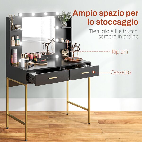 HOMCOM Tavolo da Trucco con 2 Cassetti, 6 Ripiani, Specchio e Sgabello, in Legno e Acciaio, 90x45x132.5 cm, Nero