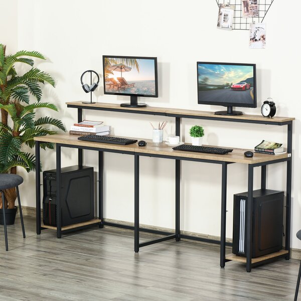 HOMCOM Scrivania Doppia con Scaffali e Mensola per Monitor, Stile Industriale in Metallo e MDF, 200x53x100cm, Nero Marrone|Aosom