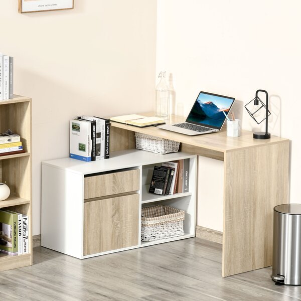 HOMCOM Scrivania Angolare, Scrivania ad Angolo per Computer da Camera o Ufficio, Scrivania Salvaspazio in Legno, Rovere e Bianco|Aosom