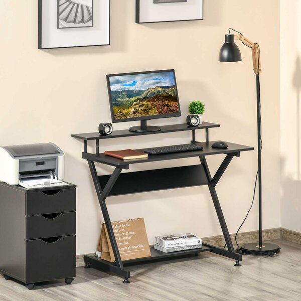 HOMCOM Tavolo Porta PC Salvaspazio con Ripiano Monitor Rialzato, Scrivania per Computer da Ufficio in Legno, 100x60x85.5cm, Nero|Aosom