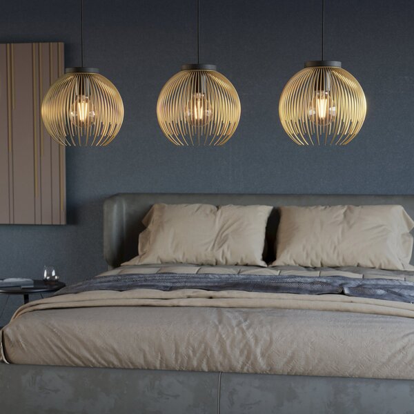 Lampadario Industrial-Nordico Acciaio Nero E Oro 3 Luci E27