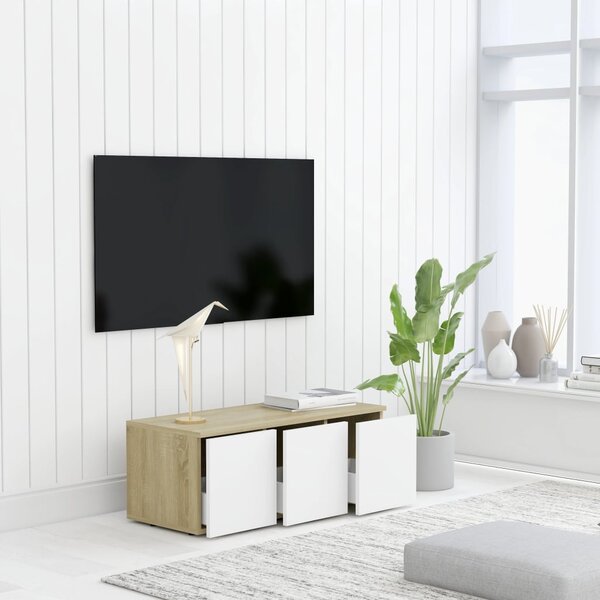 Mobile TV Bianco e Rovere Sonoma 80x34x30 cm Legno Multistrato