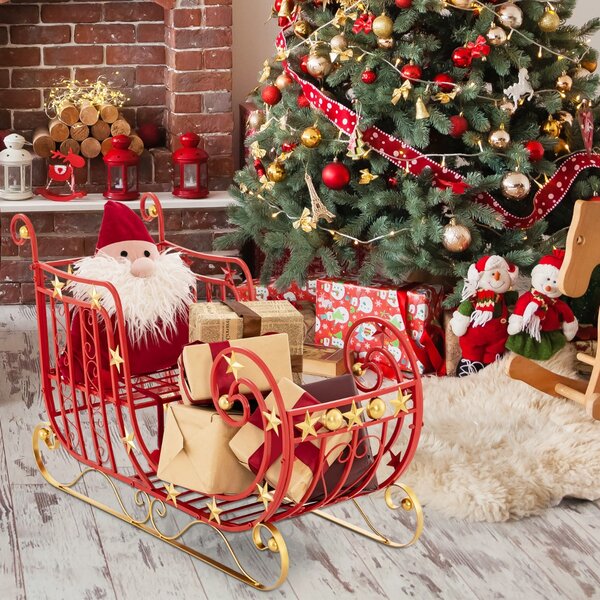 Costway Slitta di Babbo Natale in metallo con ampia area di carico per i regali stelle dorate, Slitta natalizia 99x36x61cm