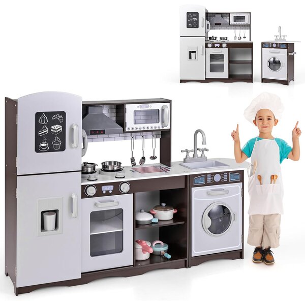Costway Set cucina giocattolo per bambini con luci e suoni, Lavandino e accessori per 3+ anni Marrone Scuro