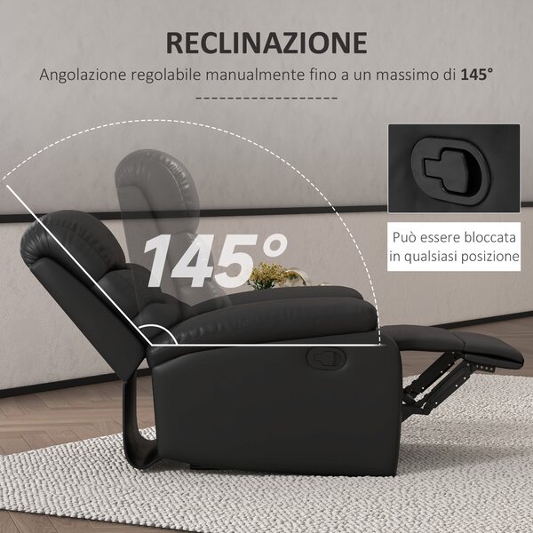 HOMCOM Poltrona Relax Reclinabile con Poggiapiedi in Finta Pelle e Imbottitura in Spugna, 81x90x105cm, Nero|Aosom