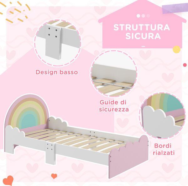 ZONEKIZ Lettino per Bambini 3-6 Anni con Sponde Laterali Anticaduta in MDF, 143x74x66 cm, Bianco e Rosa|Aosom