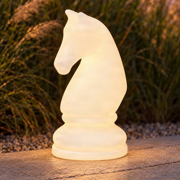 Lampada LED da terra Lucande Gambi, figura degli scacchi “Cavallo”, CCT IP44 Gambi Lucande, dimmerabile, Bianco / Opale, Plastica, Design