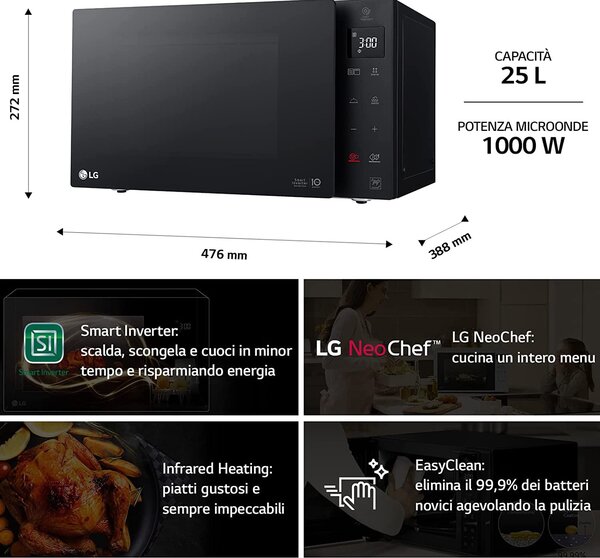Lg Forno Microonde Combinato con Grill Capacit 25 Litri Potenza 1000 Watt Inverter colore Nero - MH6535GDS