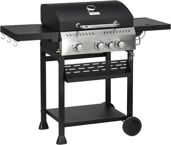 Griglia a gas - Barbecue a gas - Griglia per barbecue - Cucina esterna - Carrello per griglia - 3 bruciatori principali + 1 bruciatore laterale