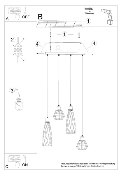 Sollux SL.1167 - Lampadario a sospensione con filo SUBA 4xE27/15W/230V nero