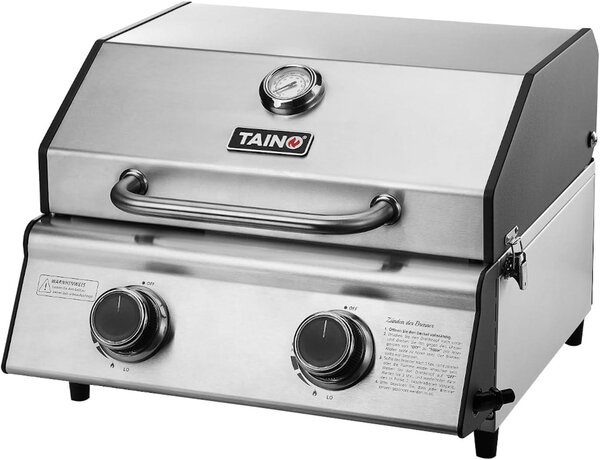 Barbecue a gas - Griglia da tavolo - Griglia da campeggio - Griglia per esterni - Barbecue a gas compatti - 2 bruciatori in acciaio inossidabile, 2,2 kW