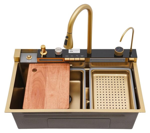 Set da cucina - Lavello - Rubinetto con erogatore a cascata - Rubinetto estraibile - Acciaio inossidabile - Controllo digitale della temperatura