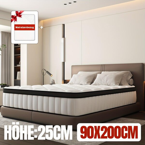 Materasso Carroltt 90x200/140x200 cm, materasso a molle insacchettate a 7 zone, altezza 22 cm/25 cm, (traspirante), materasso con lenzuolo sagomato, materasso per adulti
