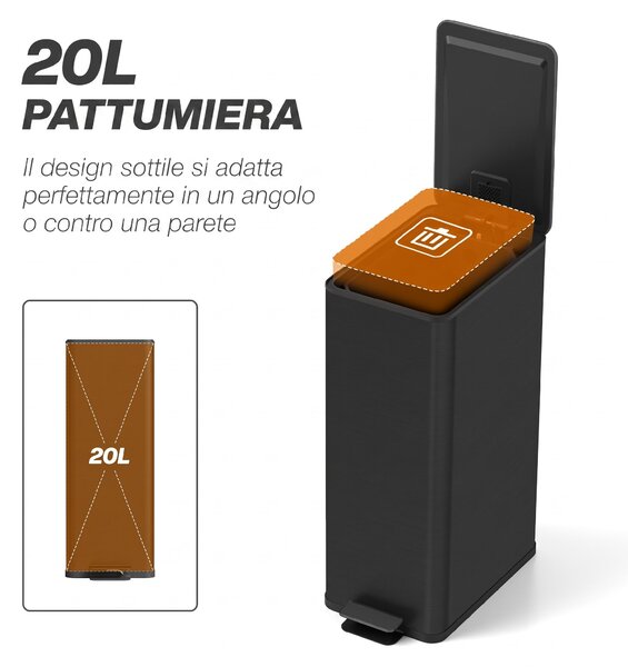 HOMCOM Cestino Spazzatura 20L con Chiusura Ammortizzata e Secchio Rimovibile, in Acciaio e PP, 21.5x37.2x57 cm, Nero | Aosom Italy
