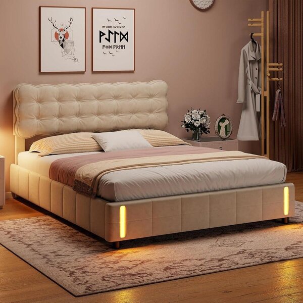 Letto con sistema idraulico - Letto contenitore - Letto con molle insacchettate - Struttura del letto - Letto - 160x200 cm - Ampio spazio contenitivo - Lampada da comodino LED